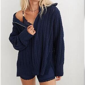 AERIE Sweater XLarge Black Cable Car Quarter Zip Oversized Relaxed Fit Side Slit